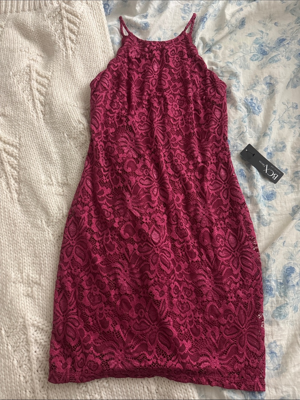 BCX Magenta Lace Halter Midi Dress